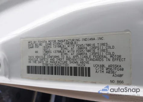 2002 Toyota Tundra Sr5 V8 from USA, damaged, VIN 5TBBT44152S277391